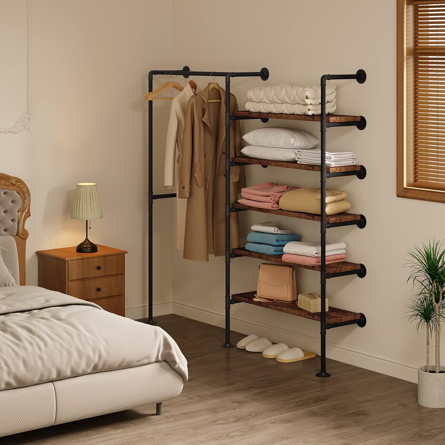 WOLTU Kleiderständer mit Ablagen, Garderobe mit Kleiderstange, Garderobenständer Wandmontage, Vintage Industrial Design
