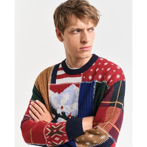 GANT Patchwork Crewneck Sweater, Dark Navy Melange, XL