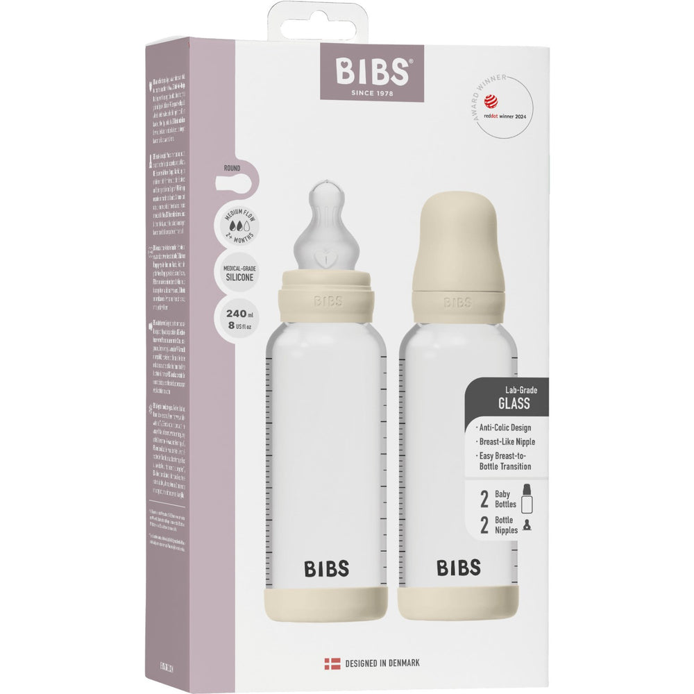 Køb Bibs Ivory Glass Baby Flaske Round Silikone 2-Pak 240 Ml Medium Flow