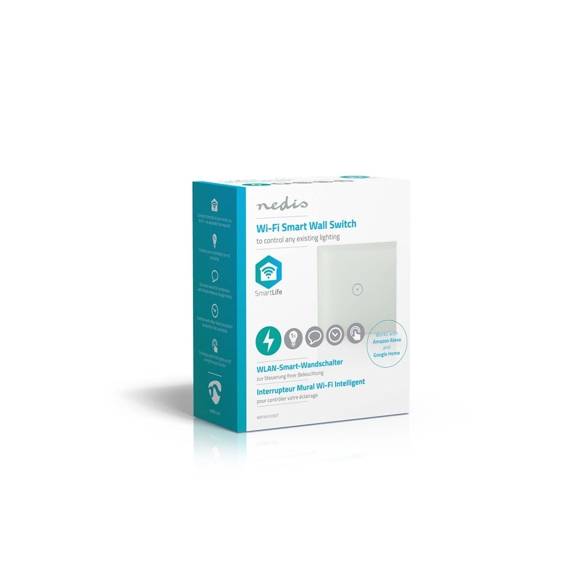 Nedis SmartLife Veggbryter | Wi-Fi | Enkelt | Wall Mount | 1000 W | Android™ / IOS | Glass | Hvit