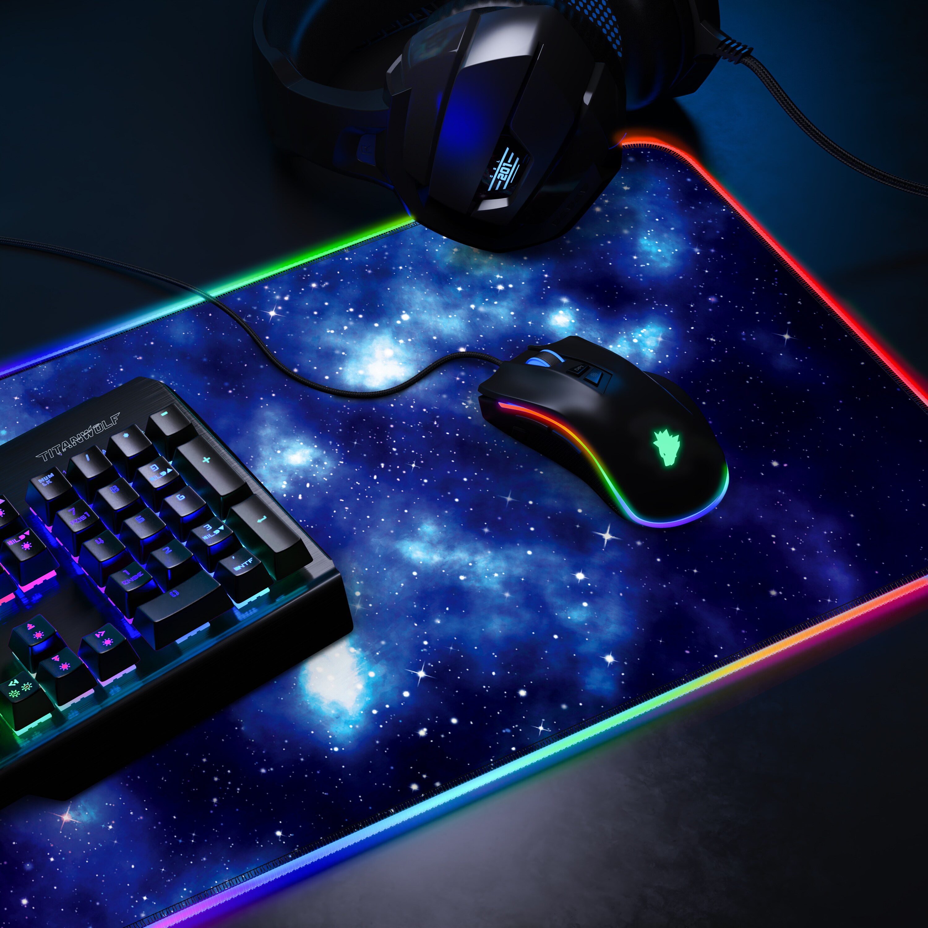 Titanwolf RGB Gaming Mauspad, Mousepad XL 800 x 300mm verbessert Präzision & Geschwindigkeit, Blaue Sterne