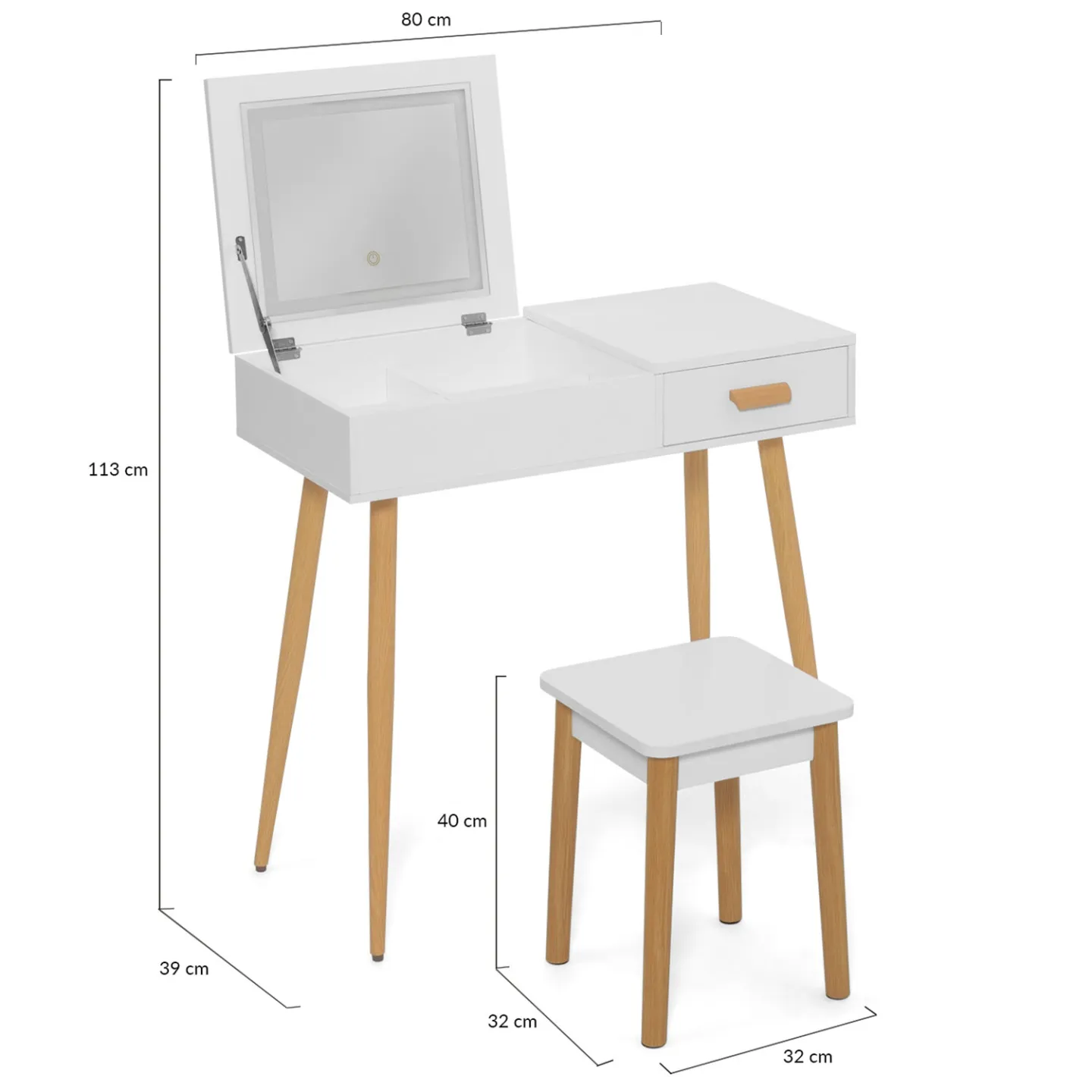 Coiffeuse scandinave LISA blanche miroir rabattable LED et tabouret