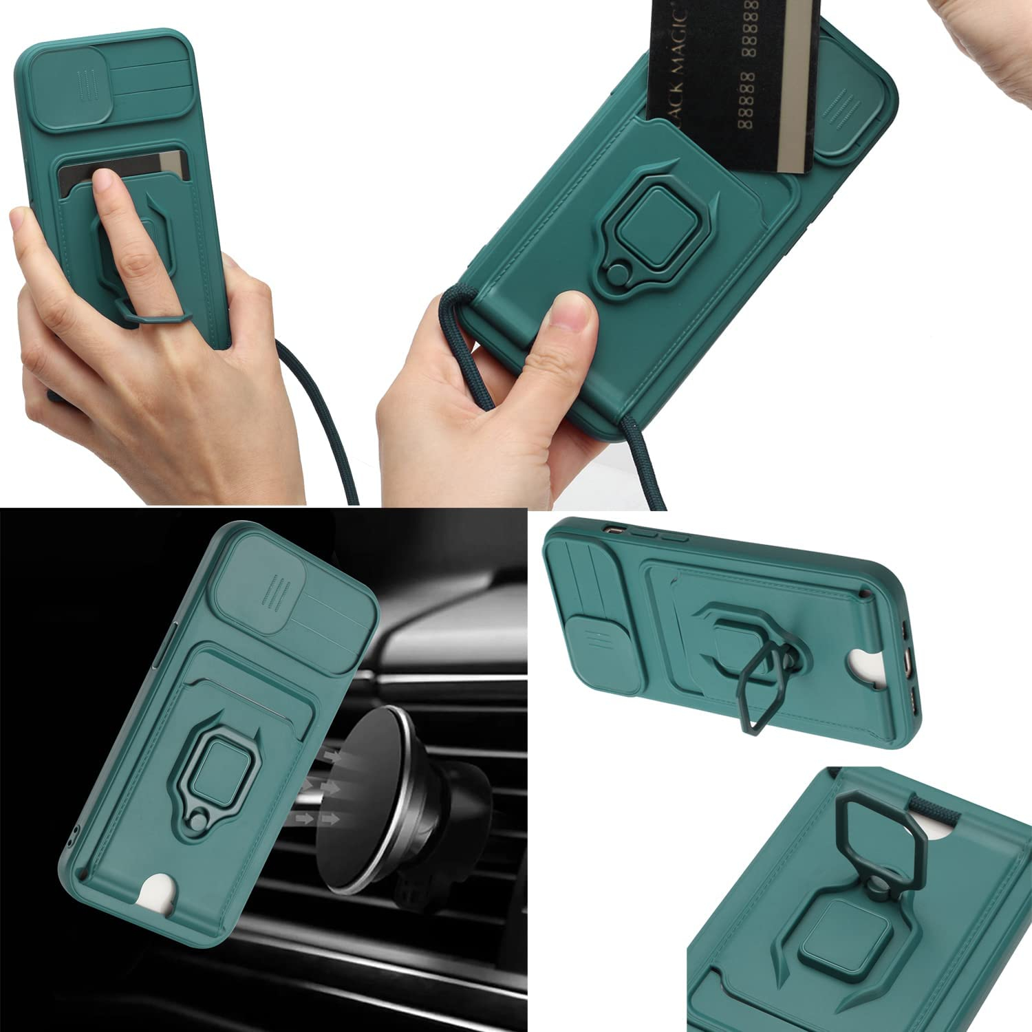 iPhone 14 Pro Necklace Leder Hülle mit Kartenfach   Kickstand Haltering   Handykette (140cm)   Cam-Slider Kameraschutz - Grün