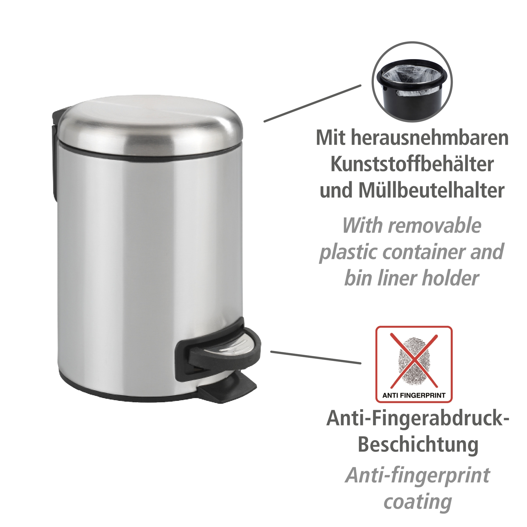 Wenko Leman afvalemmer 3 liter RVS mat