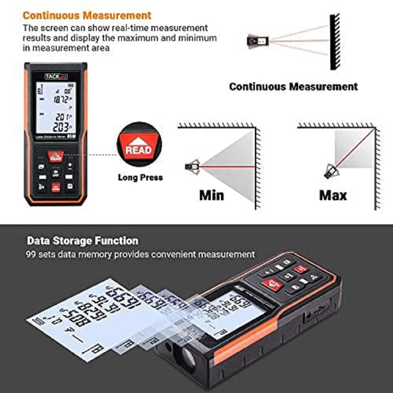 TACKLIFE S5-60, 60 m Laser-Entfernungsmesser, Lasermessgerät, USB-Aufladung, ±2 mm Genauigkeit, elektronischer Winkelsensor, 99 Speicher, m/in/ft/ft+in, einstellbarer Ton, Berechnung von Länge, Fläche, Volumen