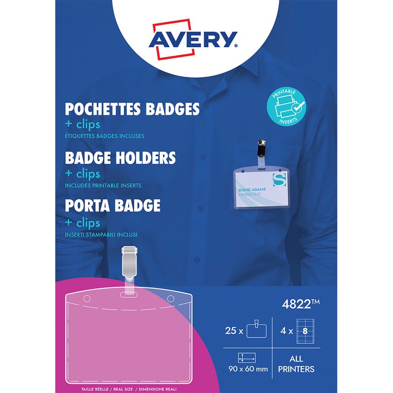 Badge Avery à pince 60 x 90 mm - Boîte de 25
