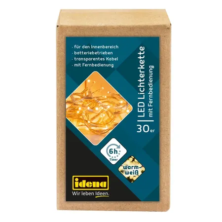 Idena 30er LED Lichterkette, warmweiß, für innen, batterieb., Fernbedienung, Timer