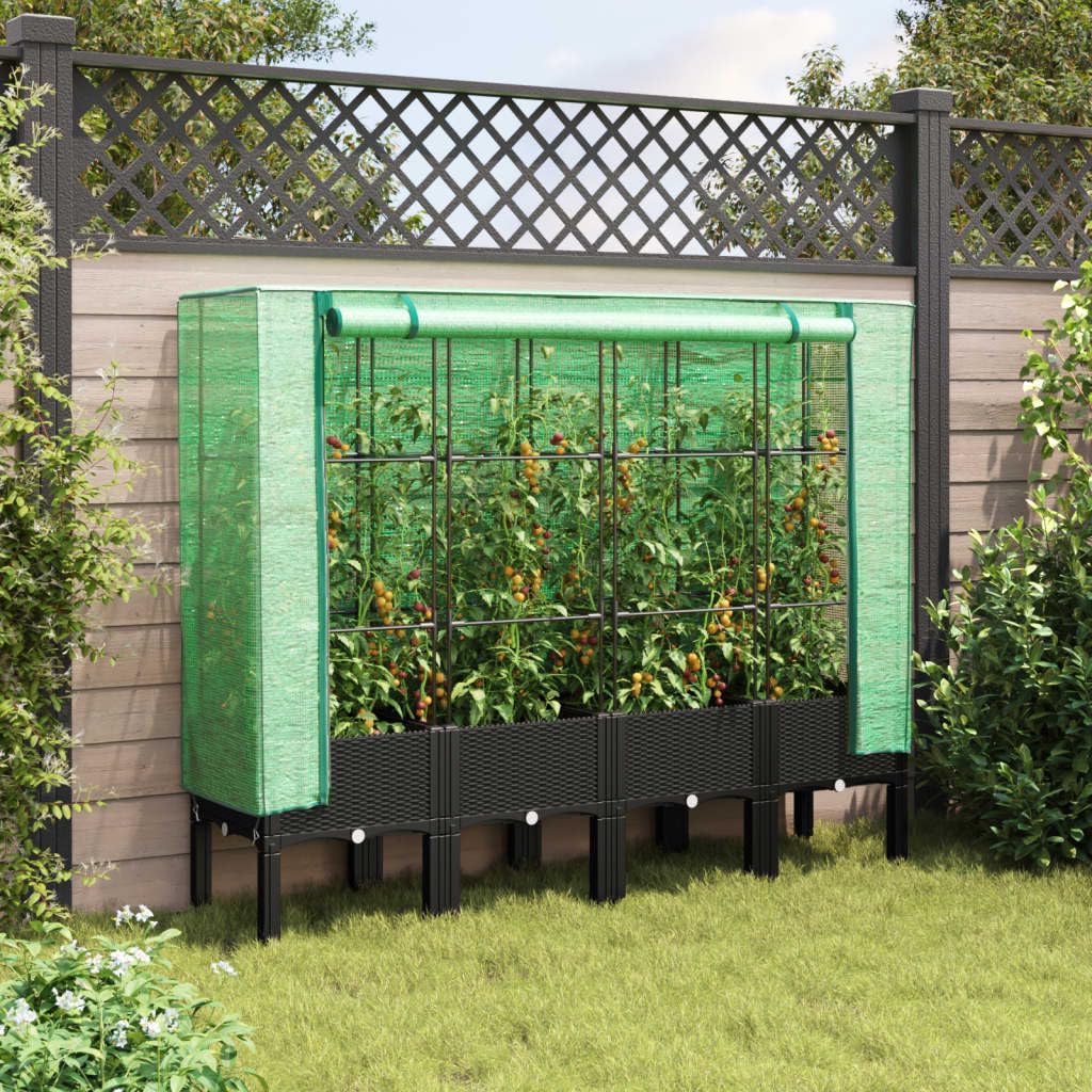vidaXL Hochbeet mit Gewächshaus-Aufsatz, Pflanzbeet mit Eisenrohr-Rahmen, Gemüsebeet für Garten Terrasse Balkon, Pflanzkasten Frühbeet, Rattan-Optik