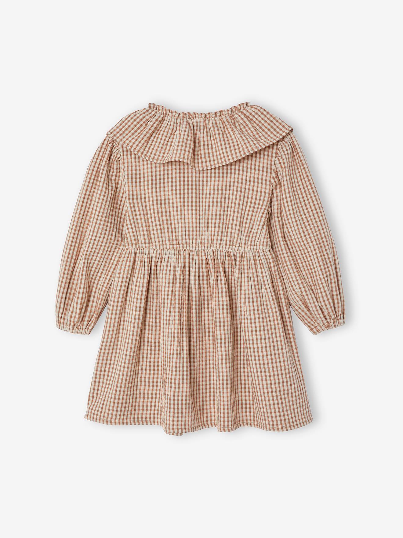 Vestido xadrez vichy com gola de babados para menina, xadrez vichy marrom