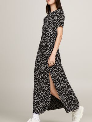 Vestido midi com fenda e estampa floral miúda