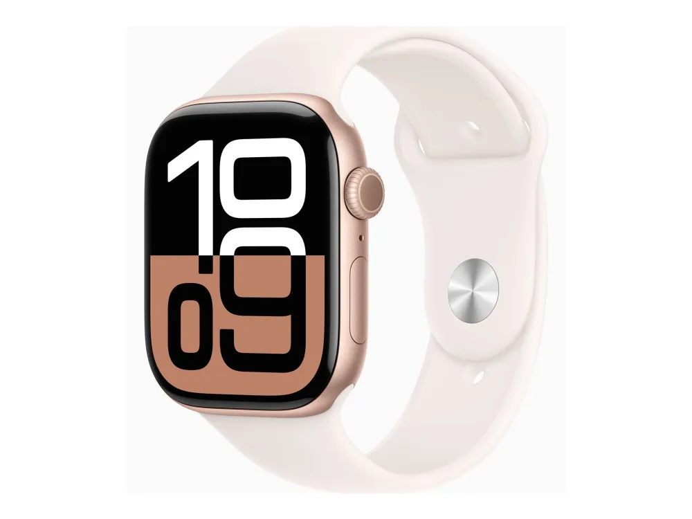 Apple Watch Series 10 (GPS) - 46 mm - roseguldaluminium - smart ur med sportsbånd - fluoroelastomer - lyserød - båndstørrelse: M/L - 64 GB - Wi-Fi 4, UWB, Bluetooth - 36.4 g