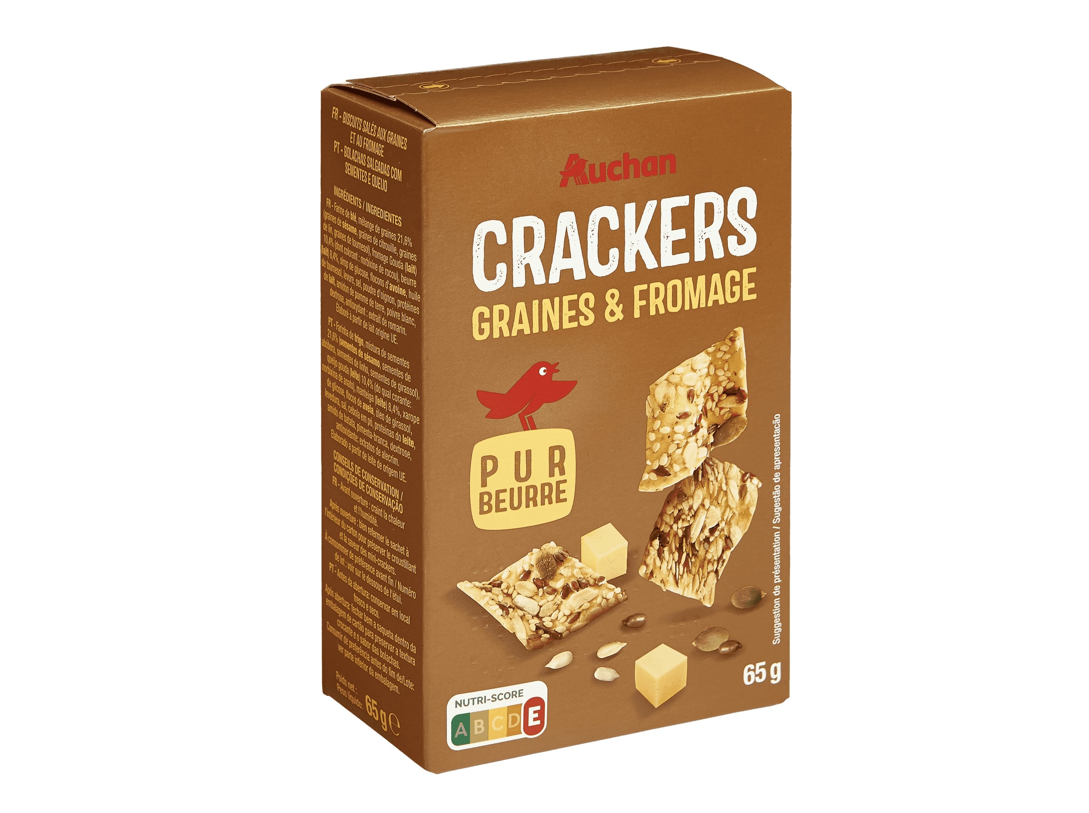 BOLACHA CRACKERS AUCHAN QUEIJO E SEMENTES 65G