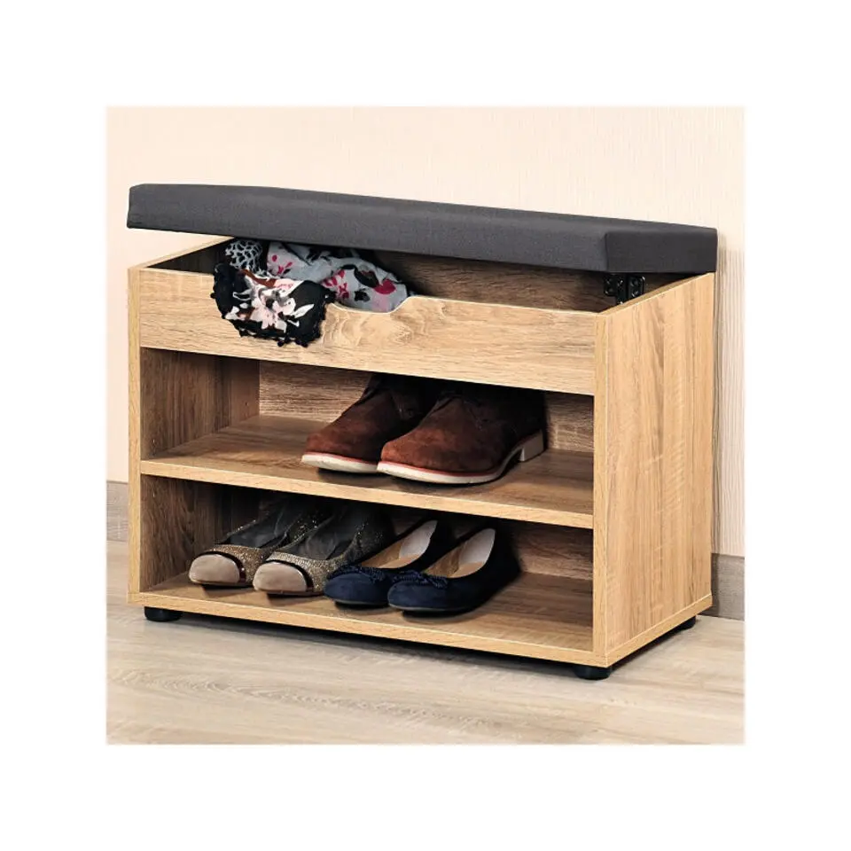 Kesper Schoenenrek - hout - met grijs zitkussen - 60 x 30 x 45 cm