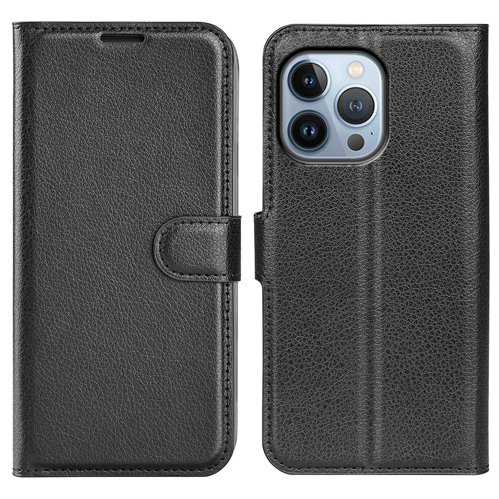 iPhone 14 Pro Max Leder Tasche Flip Cover Litchi Look - Schwarz