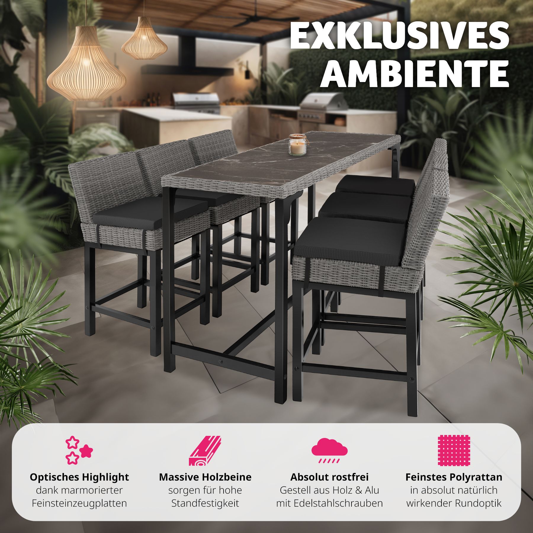 tectake® Rattan Tisch, mit Aluminium- und Holzgestell, wetterfest und UV-beständig, 161 x 64,5 x 99,5 cm