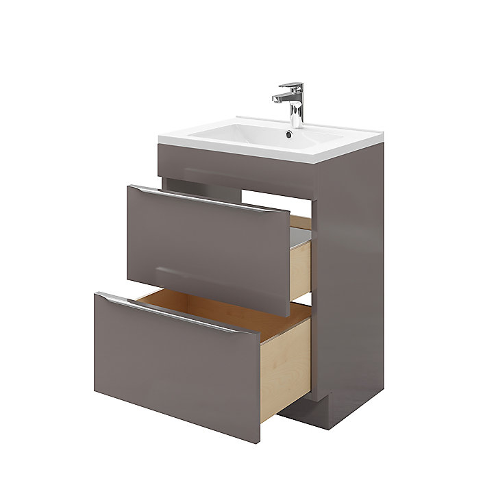 Ensemble l.60 cm meuble sous vasque Imandra gris taupé à poser + plan vasque Nira céramique blanc