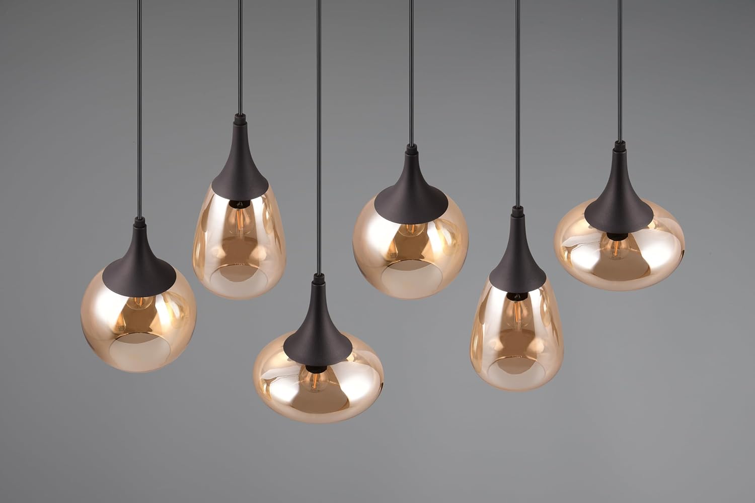 Trio Leuchten Pendelleuchte Lumina 317000613, Metall Schwarz matt, Glas amber, exkl. 6x E14, Bernsteinfarben