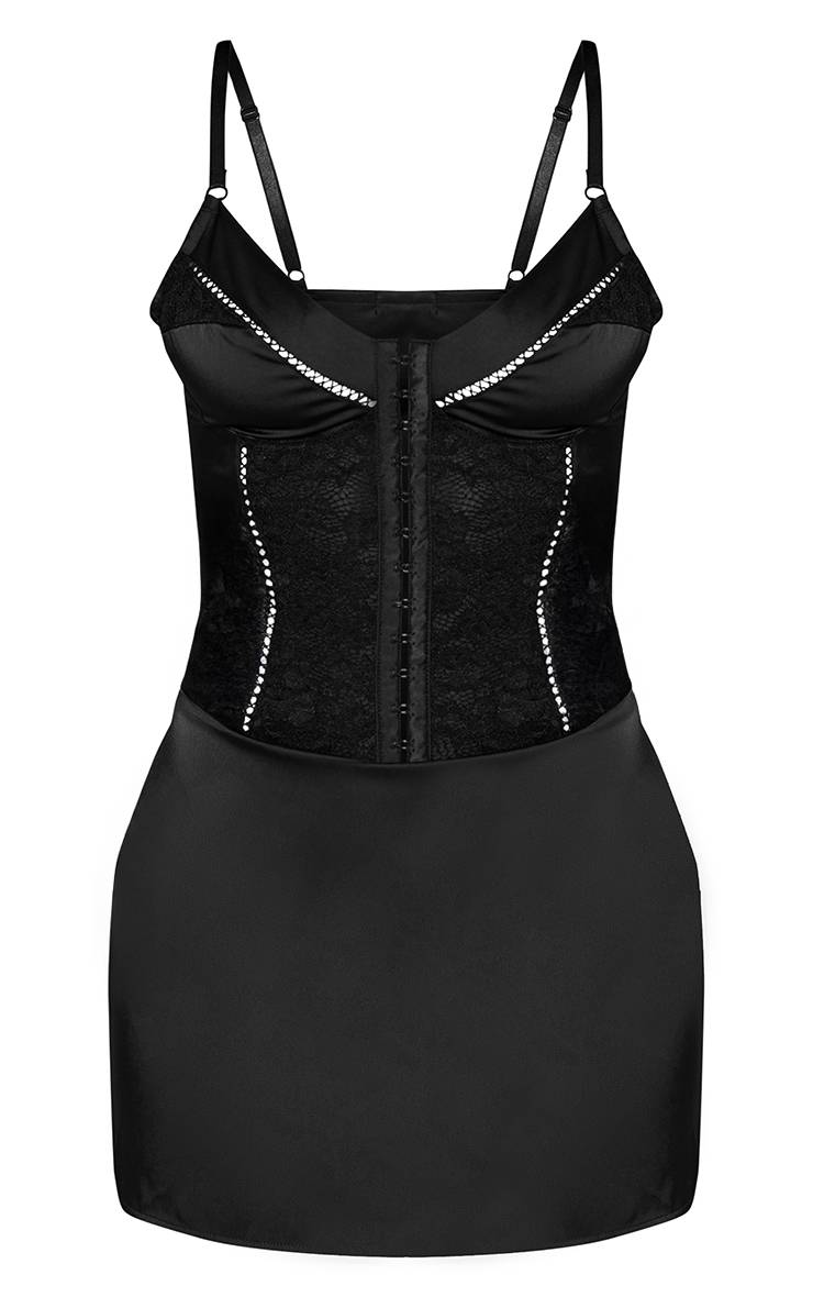 Noir Robe Courte Corset En Jacquard Satiné À Crochets Et Œillets
