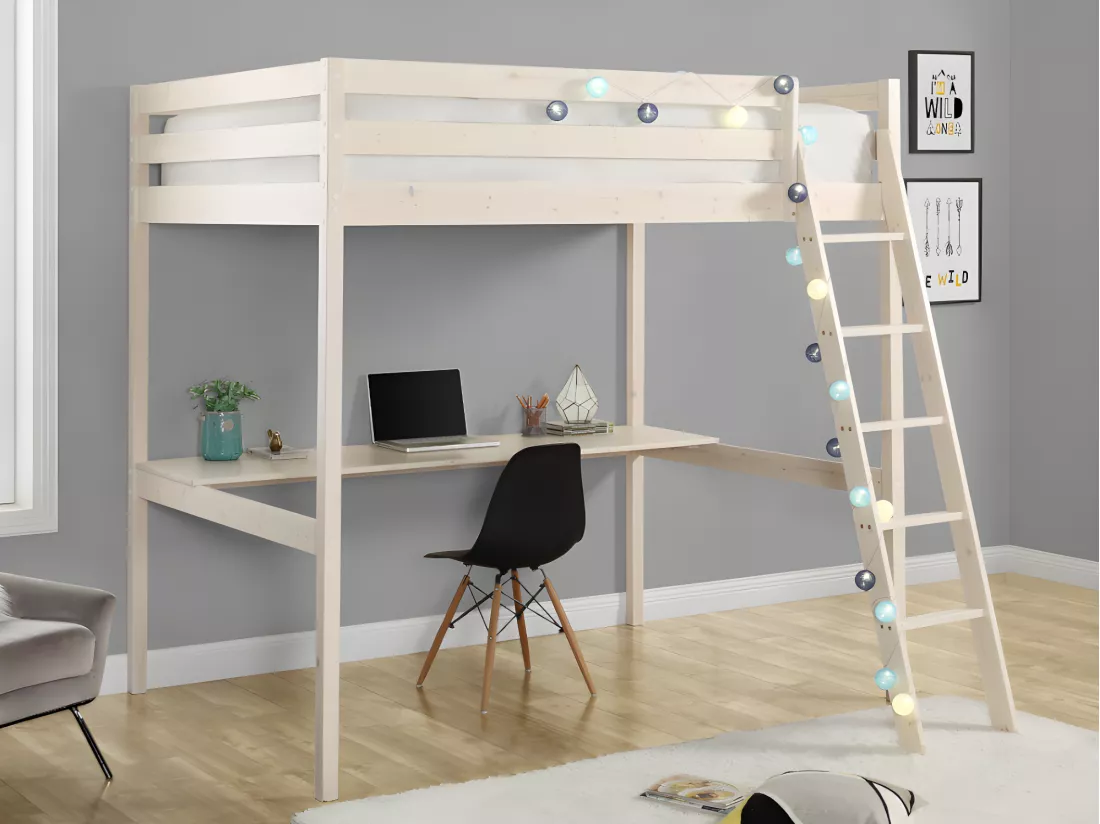 Lit mezzanine GEDEON II - 140 x 190 cm - Avec bureau - Pin massif - Blanchi + matelas