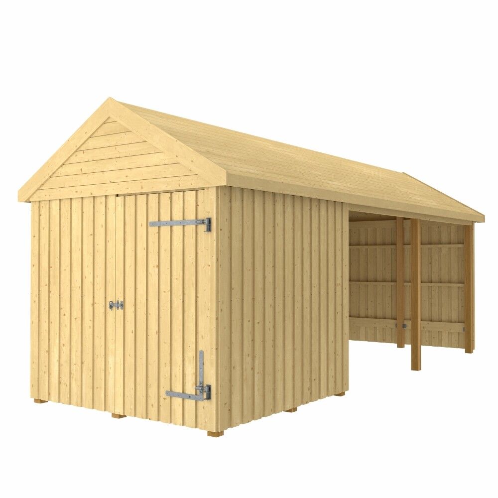 REDSKAPSBOD PLUS CLASSIC MULTI GARDEN ENKELDØR OG ÅPEN FRONT INKL TAKPAPP/ALUMINIUMLISTER/STOLPEFØTTER UBEHANDLET 14,5M²