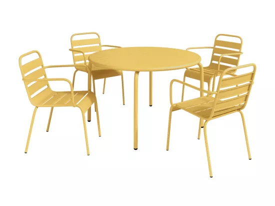 Salle à manger de jardin en métal - une table D.110 cm et 4 fauteuils empilables - Jaune moutarde - MIRMANDE de MYLIA
