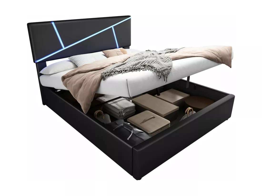 Lit coffre 90x200cm, cuir synthétique, avec bandes de lumière LED, cadre à lattes, Noir