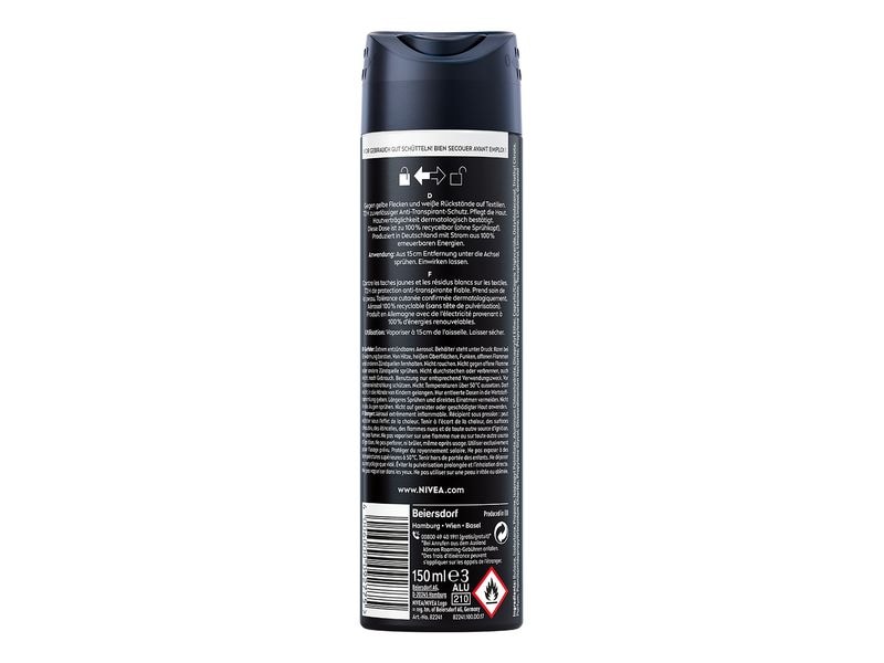 NIVEA MEN Deo Spray Black and White 150 ml Deo mit Anti-gelb Fleckenbildung auf weisser Kleidung, hinterlässt keine weissen Rückstände auf schwarzer Kleidung