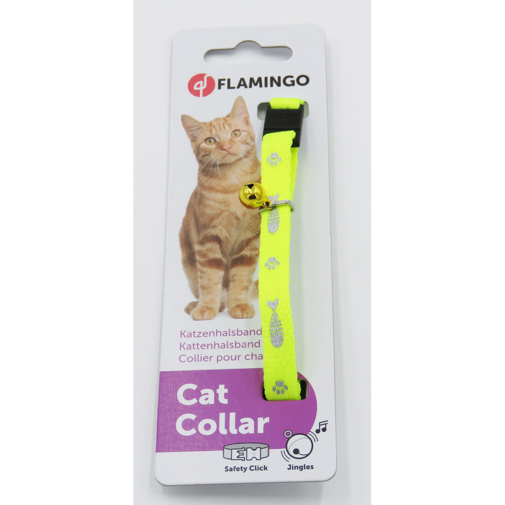 Collier réglable de 20 à 35 cm jaune motif poisson + clochette pour chat