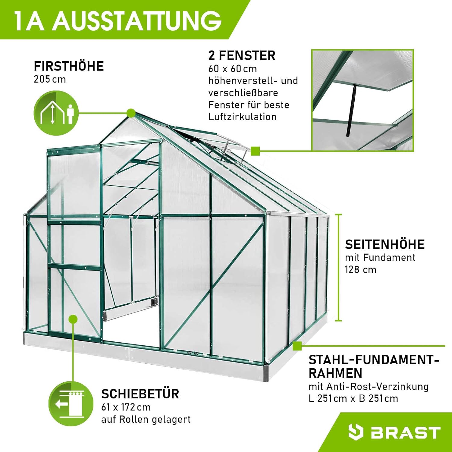 BRAST Gewächshaus Aluminium mit Fundament | 42 Modelle | 130x190x195cm - 490x250x235cm | TÜV geprüft | 6mm Hohlkammerplatten | rostfrei wetterfest temperaturbeständig | 250x250x205cm Grün