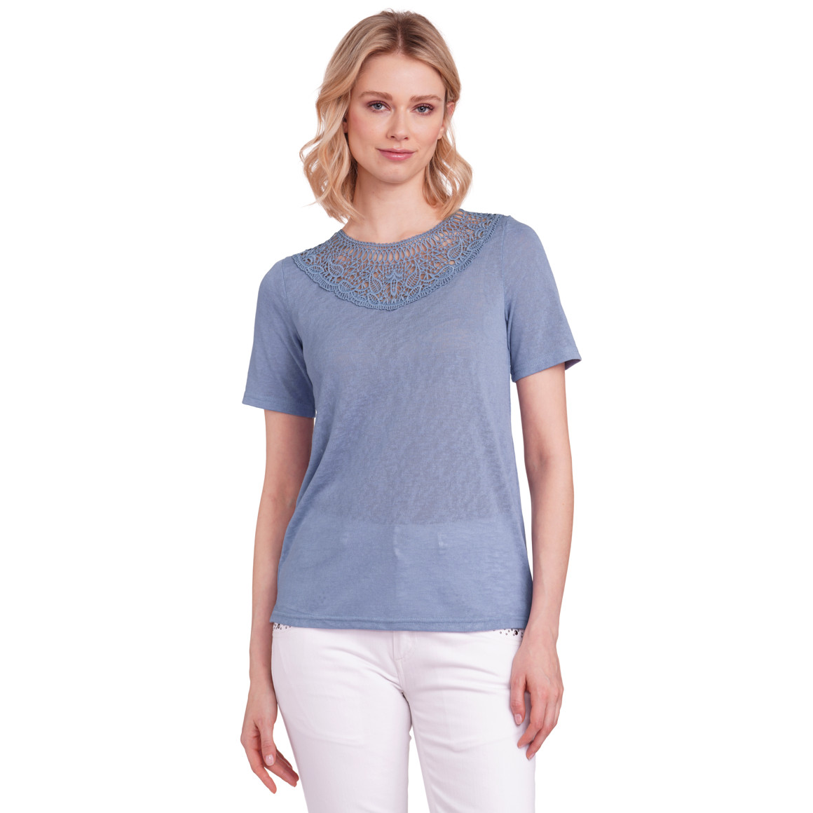 Gina Damen T-Shirt mit Spitzenausschnitt blau