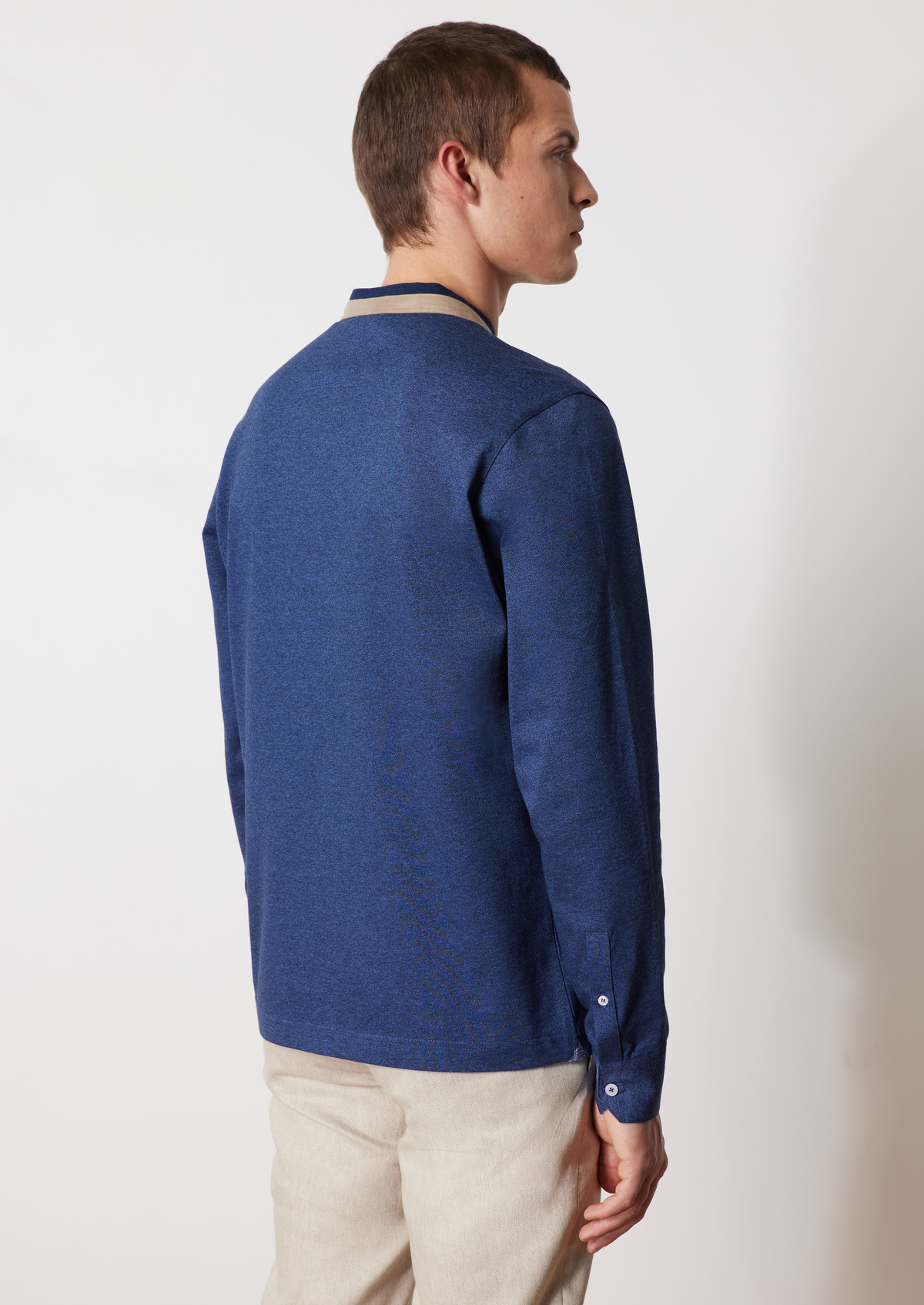 Polo manches longues Slim en coton mélangé uni bleu jeans à col officier