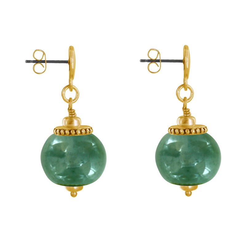 Boucles d'Oreilles Clous Métal Doré et Grosses Perles en Céramique