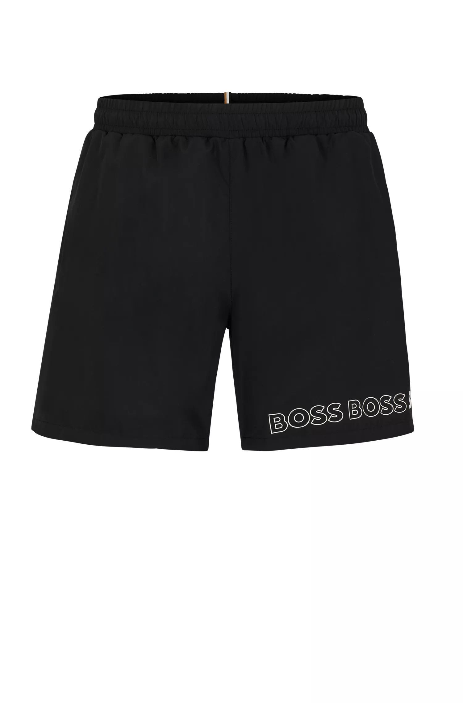 Calções de banho BOSS pretos em material reciclado com logótipos repetidos.