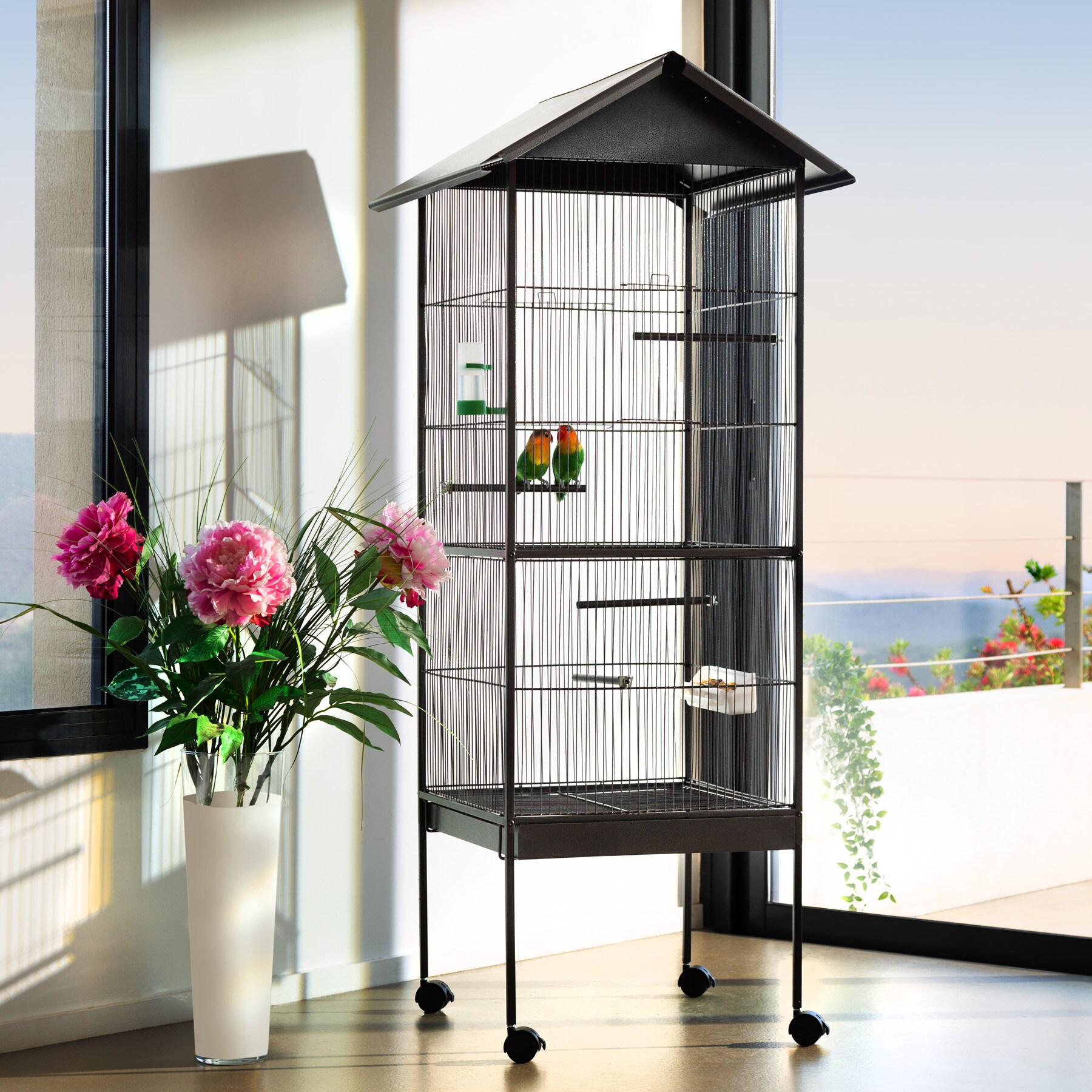 tectake® Vogelkäfig, in Hammerschlagoptik, 2 Schiebeöffnungen und geringer Gitterabstand, 52 x 52 x 162 cm