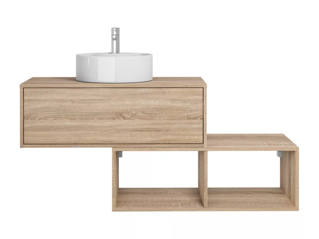 Meuble de salle de bain suspendu naturel clair avec vasque ronde - 1 tiroir et 2 niches - 94 cm - TEANA II