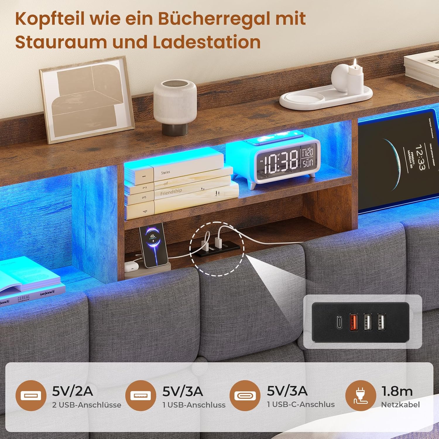 Polsterbett 140×200cm Hydraulisches Stauraumbett mit LED-Bleuchtung Jugendbett mit USB- und Type-C-Anschlüsse Doppelbett Bettgestell mit Holzlatten, Leinenstoff, ohne Matratze (Dunkelgrau, 140x200cm)