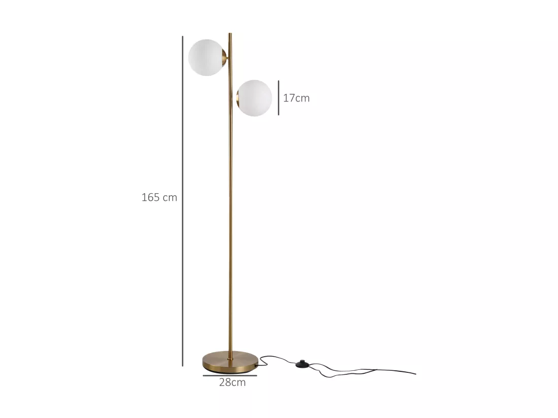 Lampadaire design néo-rétro 2 boules max. 40 W métal doré
