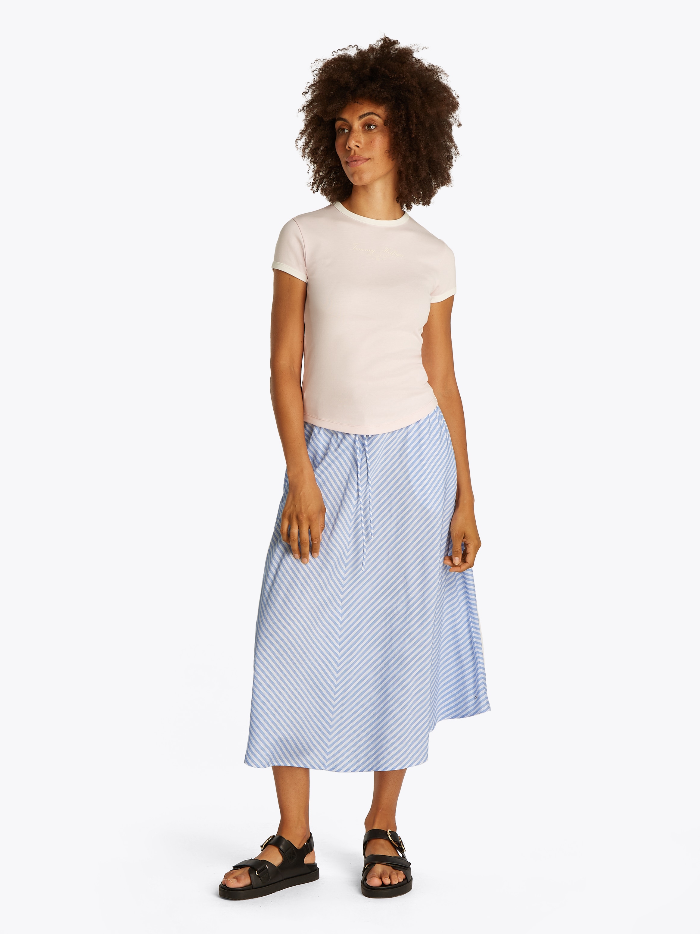 Tommy Hilfiger A-Linien-Rock »CRINKLE VISCOSE MIX MIDI SKIRT«, mit Streifenmuster, mit Tunnelzug am Bund