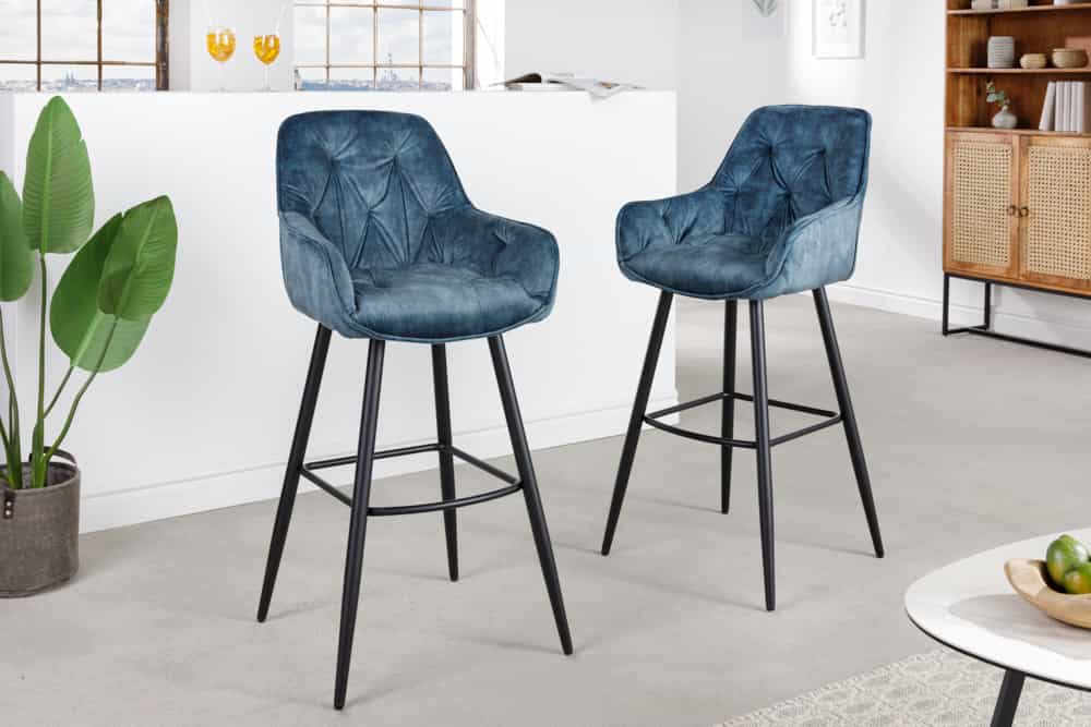 Design Barhocker MILANO petrol Samt Barstuhl mit Lehne Metall schwarz