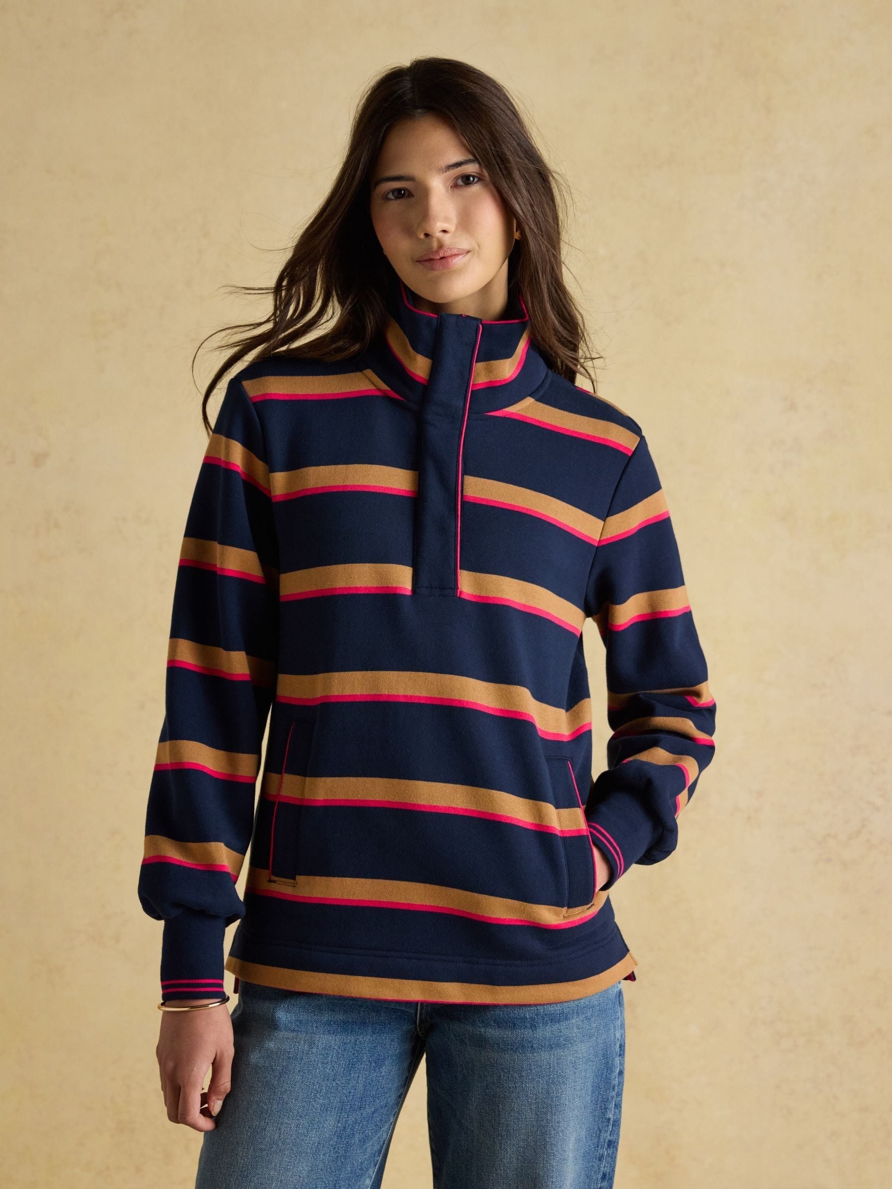 Marineblauw/lichtbruine streep - Joules Burnham Premium Brushed Cotton Funnel Neck Quarter Zip Sweatshirt