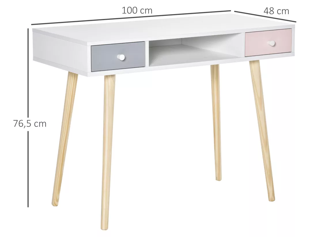 Bureau enfant style scandinave avec tiroir et compartiment de rangement 100L x 48l x 76,5H cm MDF et pin blanc gris et rose