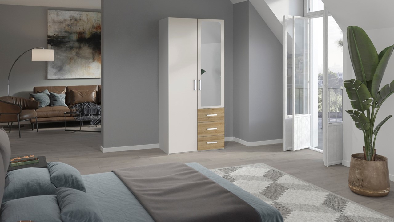 Draaideurkast Compact met laden en hout- en spiegeldeuren wit/eiken