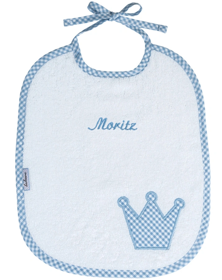 Personalisiertes Lätzchen KRONE hellblau (Stickfarbe: apfelgrün)