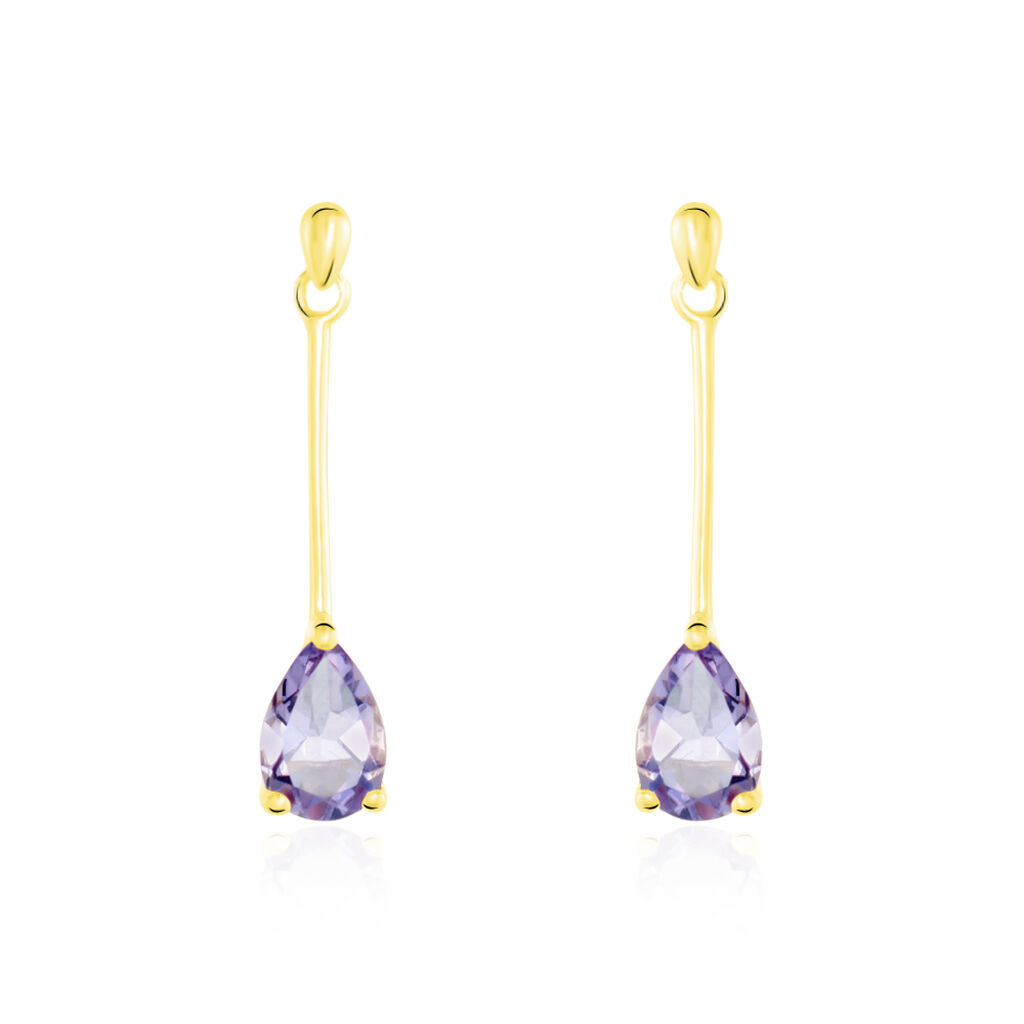 Boucles D'oreilles Pendantes Goutte Or Jaune Amethyste