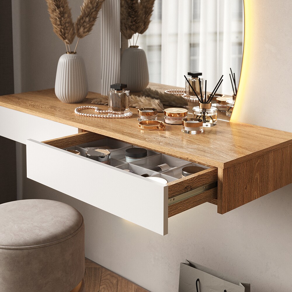 Vicco Schminktisch Melisa 120 x 161 cm Eiche Weiß LED-Spiegel Schublade modern