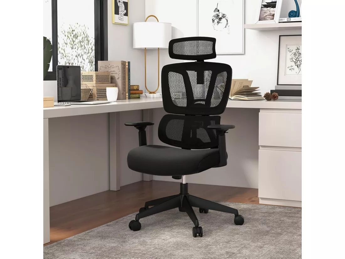 Chaise de Bureau Ergonomique, Fauteuil Bureau Inclinable Pivotant Réglable en Hauteur, Maille Respirante, Support Lombaire en C, Appui-tête, Accoudoirs et Dossier Ajustables, Noir