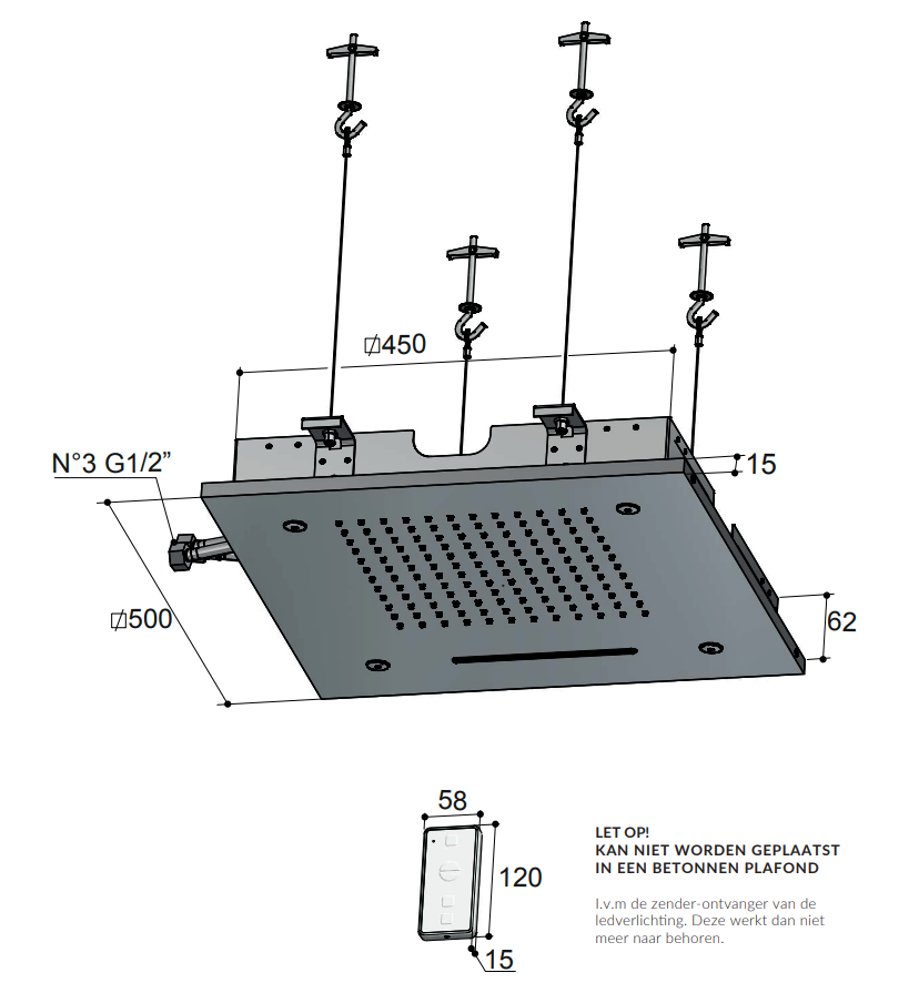 Hotbath Mate M146 inbouw hoofddouche met LED, waterval en spray 50cm geborsteld nikkel