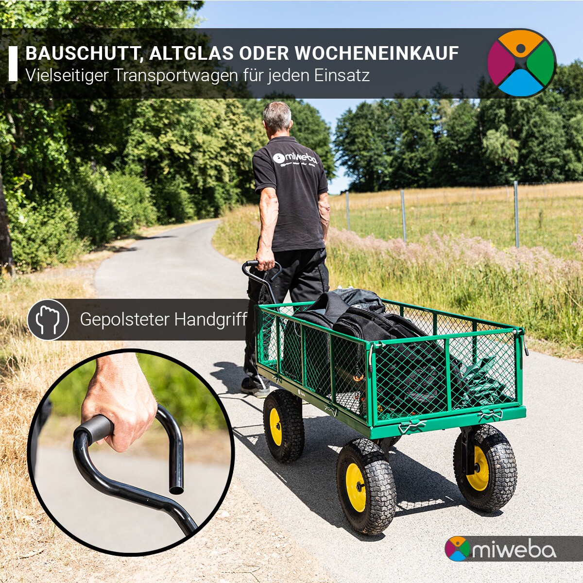 Miweba Bollerwagen MB-700, Transportwagen mit 700 kg Traglast, klappbar, Doppelachse, Stahlrahmen (Grün)
