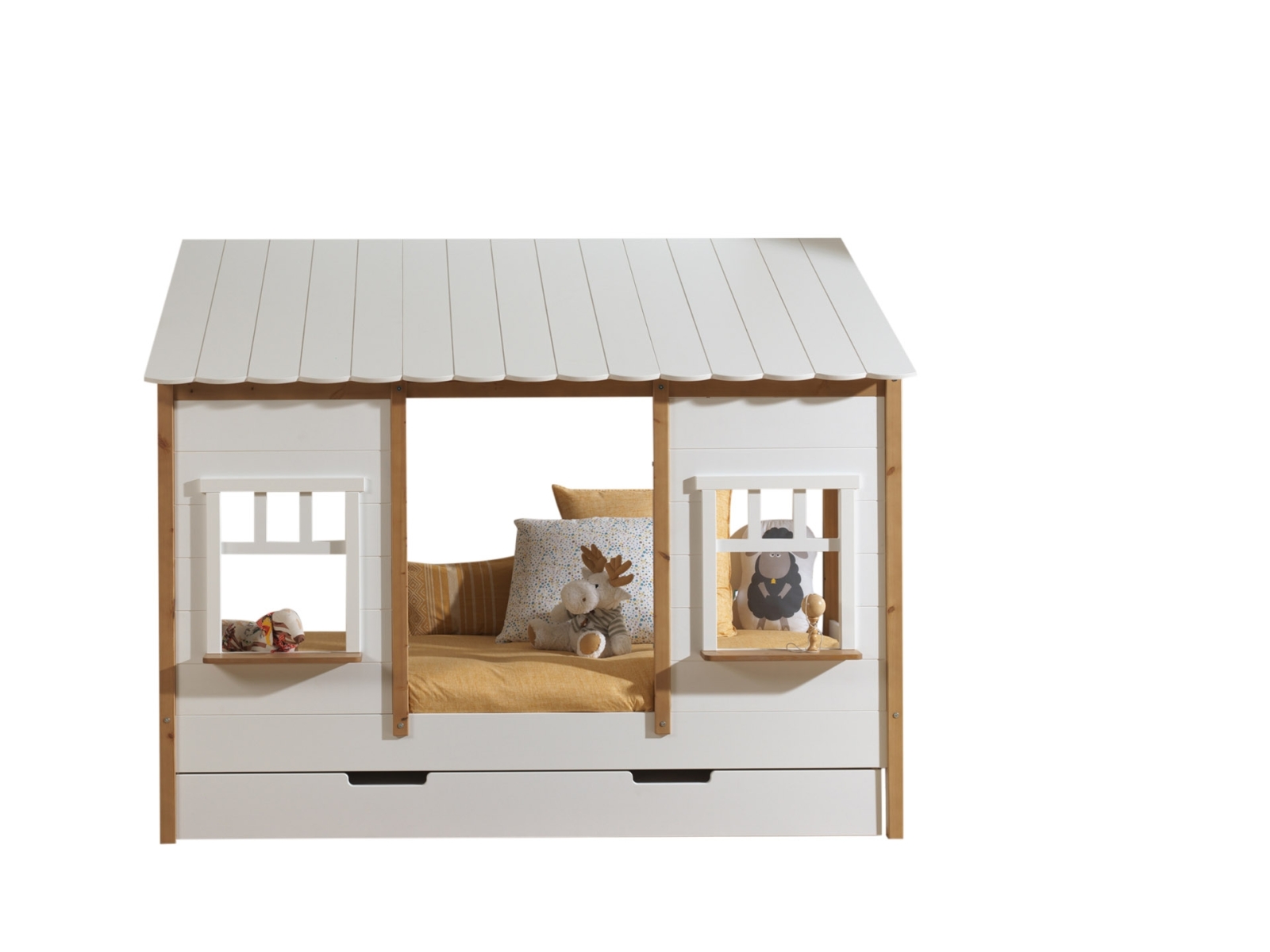 Landhausbett mit Dach - weiß-eichefarben - 90x200 cm