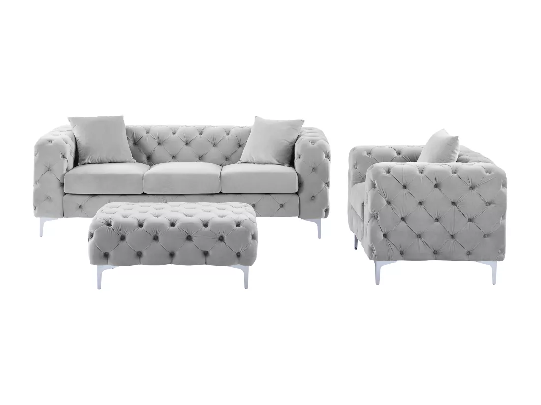 Canapé 3 places, fauteuil et pouf chesterfield en velours gris clair EDWINA